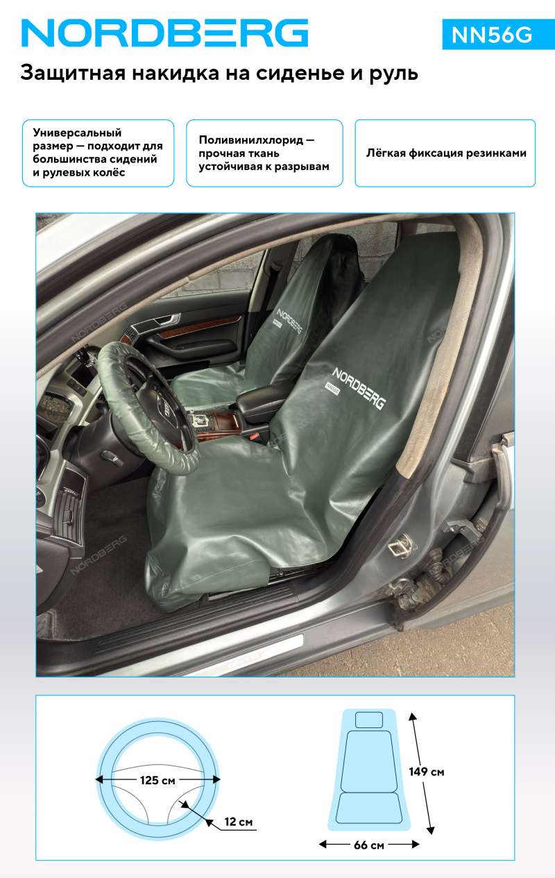 Комплект защитных накидок на сиденье и руль, серый NORDBERG NN56G